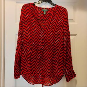 Lauren Ralph Lauren Red and Black Chevron Blouse Waist Tie Flattering Size LP